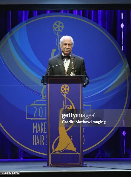 Makeup artist Leonard Engelman, recipient of the Lifetime Achievement Award, speaks onstage at the 2017 Make-Up Artists and Hair Stylists Guild...