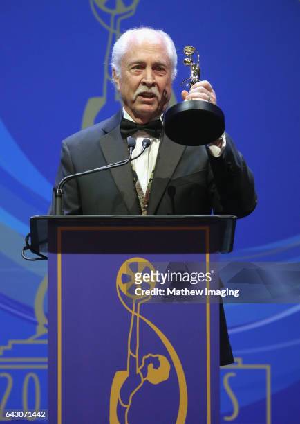 Makeup artist Leonard Engelman, recipient of the Lifetime Achievement Award, speaks onstage at the 2017 Make-Up Artists and Hair Stylists Guild...