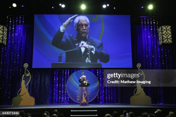 Makeup artist Leonard Engelman, recipient of the Lifetime Achievement Award, speaks onstage at the 2017 Make-Up Artists and Hair Stylists Guild...