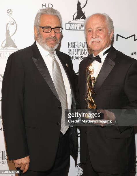 Former academy president Hawk Koch and makeup artist Leonard Engelman, recipient of the Lifetime Achievement Award, backstage at the 2017 Make-Up...