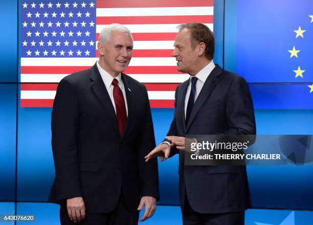 Vice-President Mike Pence meets with European Council head Donald Tusk at the European Commission in Brussels on February 20, 2017. The European...