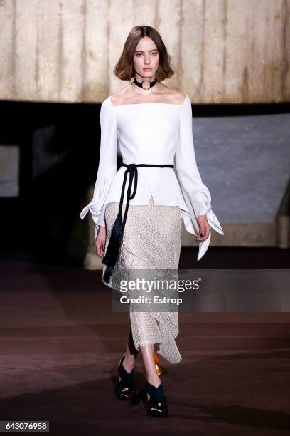 Model walks the runway at the Roland Mouret show during the London Fashion Week February 2017 collections on February 19, 2017 in London, England.