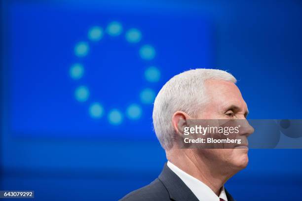 Vice President Mike Pence looks on during a news conference at the Europa building in Brussels, Belgium, on Monday, Feb. 20, 2017. Pence flew out of...