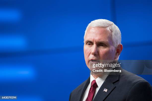Vice President Mike Pence speaks during a news conference at the Europa building in Brussels, Belgium, on Monday, Feb. 20, 2017. Pence flew out of...