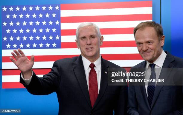 Vice-President Mike Pence meets with European Council head Donald Tusk at the European Commission in Brussels on February 20, 2017. The European...