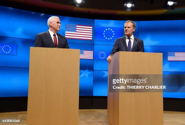 Vice-President Mike Pence and European Council head Donald Tusk speak to the press after their meeting at the European Commission in Brussels on...