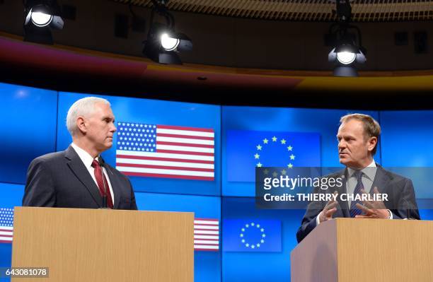 Vice-President Mike Pence and European Council head Donald Tusk speak to the press after their meeting at the European Commission in Brussels on...