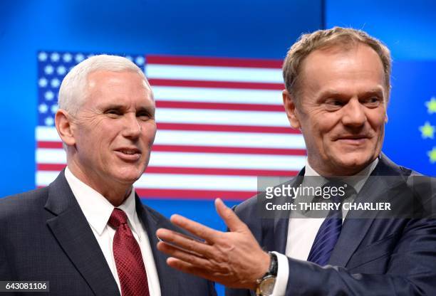 Vice-President Mike Pence and European Council head Donald Tusk speak after their meeting at the European Commission in Brussels on February 20,...