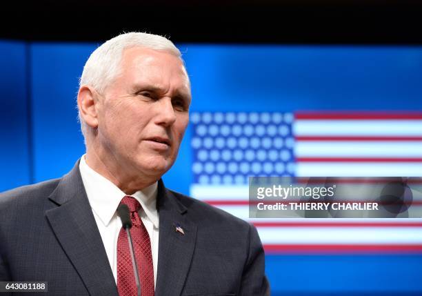 Vice-President Mike Pence speaks to the press after his meeting with European Council head at the European Commission in Brussels on February 20,...