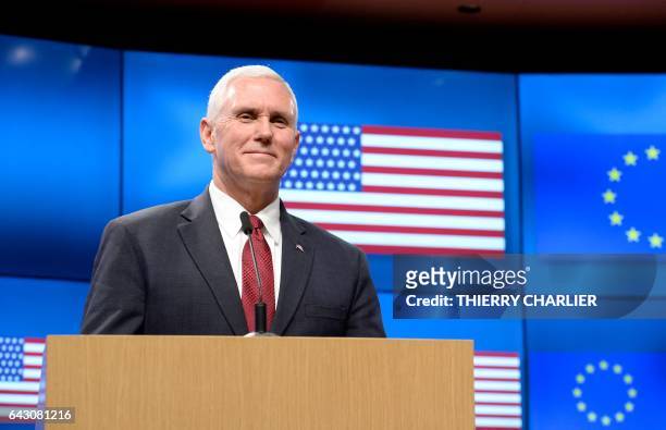 Vice-President Mike Pence speaks to the press after his meeting with European Council head at the European Commission in Brussels on February 20,...
