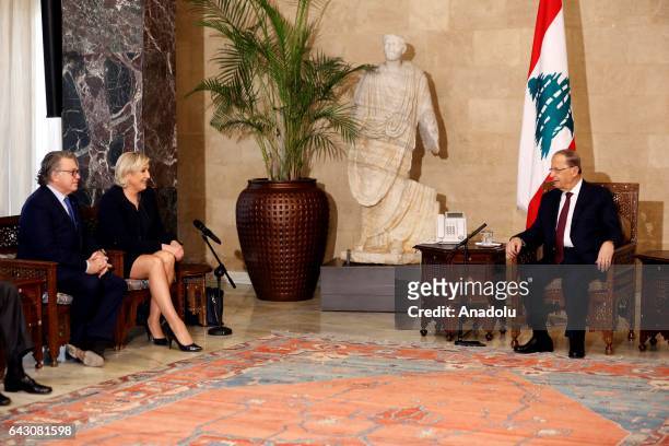 Marine Le Pen , the leader of France's far-right Front National political party and French MP Gilbert Collard meet with Lebanese President Michel...