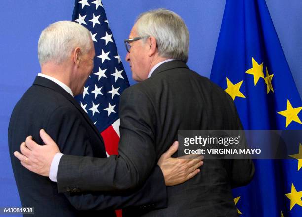 Vice-President Mike Pence meets with European Commission President Jean-Claude Juncker at the European Commission in Brussels on February 20, 2017....