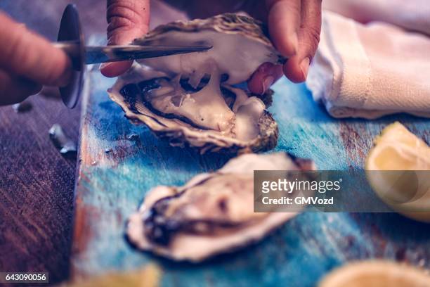 oesters op plaat met ijs en citroen - oysters stockfoto's en -beelden
