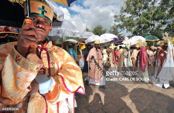 Ethiopian priests and monks are pictured during the annual festival of Timkat in Lalibela, Ethiopia which celebrates the Baptism of Jesus in the...