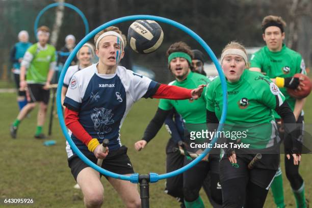 The London Unspeakables seeker catches the snitch during a game at the Crumpet Cup quidditch tournament on Clapham Common on February 18, 2017 in...