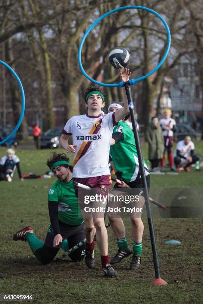 Werewolves of London quidditch player shoots during a game against the Keele Squirrels at the Crumpet Cup quidditch tournament on Clapham Common on...