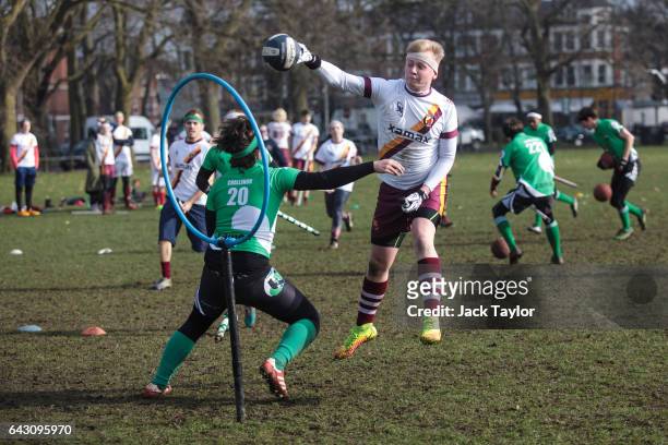 Werewolves of London quidditch player shoots during a game against the Keele Squirrels at the Crumpet Cup quidditch tournament on Clapham Common on...