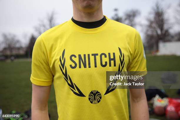 The snitch runner poses in their uniform during the Crumpet Cup quidditch tournament on Clapham Common on February 18, 2017 in London, England....