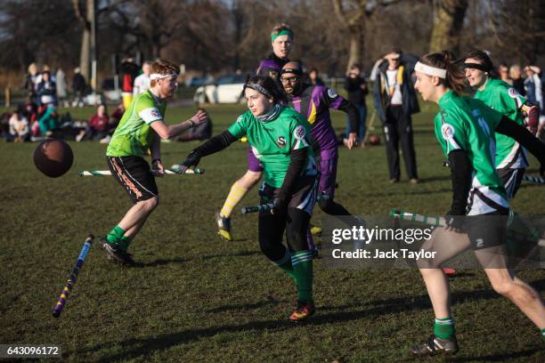 The Keele Squirrels play the London Unspeakables during the Crumpet Cup quidditch tournament on Clapham Common on February 18, 2017 in London,...