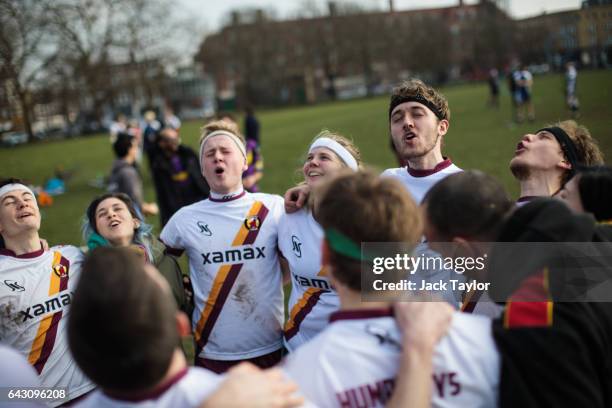 The Werewolves of London quidditch team howl as they huddle during the Crumpet Cup quidditch tournament on Clapham Common on February 18, 2017 in...