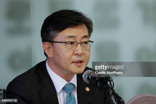 Hong Yong Pyo of South Korea Unification Minister speaking about inter-korean problem and Kim Jong Nam death at special press conference in Seoul,...