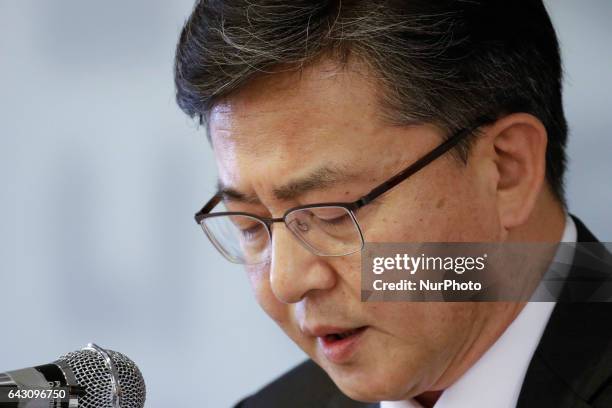 Hong Yong Pyo of South Korea Unification Minister speaking about inter-korean problem and Kim Jong Nam death at special press conference in Seoul,...