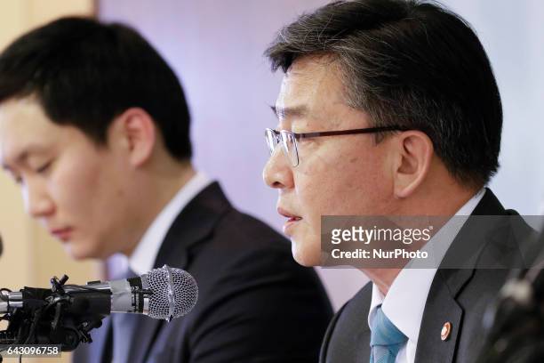 Hong Yong Pyo of South Korea Unification Minister speaking about inter-korean problem and Kim Jong Nam death at special press conference in Seoul,...