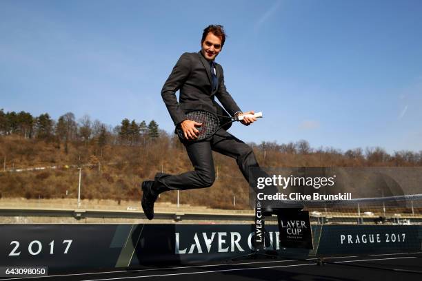 Roger Federer of Switzerland poses during the countdown to the inaugural Laver Cup on February 20, 2017 in Prague, Czech Republic.