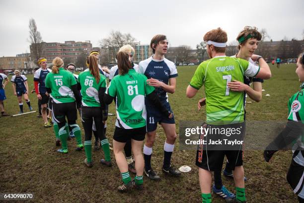 Quidditch players from the Keele Squirrels and the Radcliffe Chimeras congratulate each other at the end of a game during the Crumpet Cup quidditch...