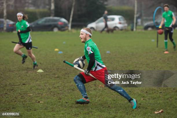 The Keele Squirrels play the Radcliffe Chimeras during the Crumpet Cup quidditch tournament on Clapham Common on February 18, 2017 in London,...