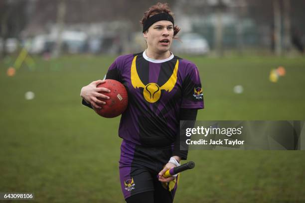 Player from the London Unspeakables quidditch team plays during the Crumpet Cup quidditch tournament on Clapham Common on February 18, 2017 in...