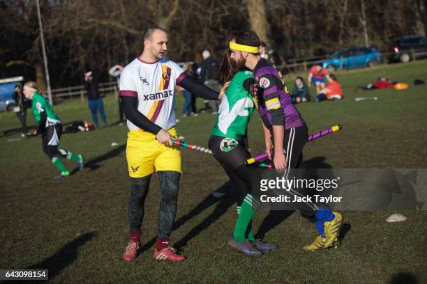The snitch runner attempts to take a player's broom as the Keele Squirrels play the London Unspeakables during the Crumpet Cup quidditch tournament...