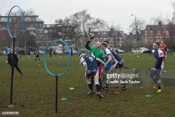 The Keele Squirrels play the Radcliffe Chimeras during the Crumpet Cup quidditch tournament on Clapham Common on February 18, 2017 in London,...
