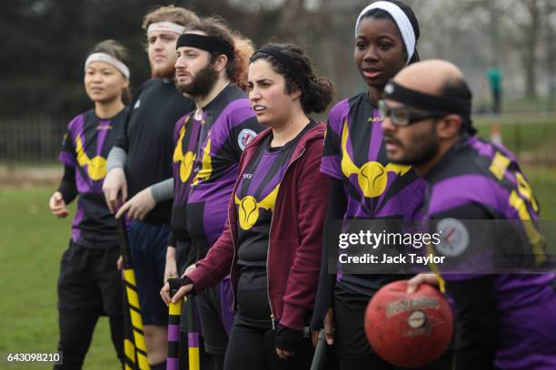 The London Unspeakables quidditch team watch a game from the sidelines during the Crumpet Cup quidditch tournament on Clapham Common on February 18,...