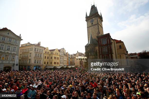 Crowds gather in the Old Town Square during the countdown to the inaugural Laver Cup on February 20, 2017 in Prague, Czech Republic.