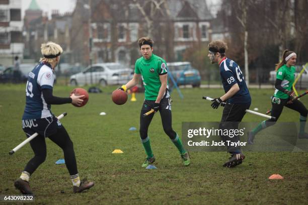 The Keele Squirrels play the Radcliffe Chimeras during the Crumpet Cup quidditch tournament on Clapham Common on February 18, 2017 in London,...