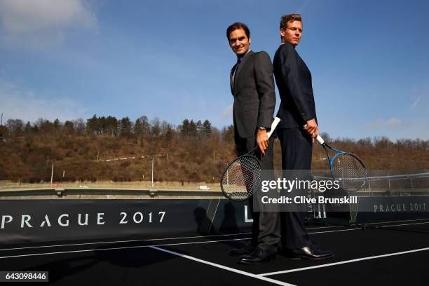 Roger Federer of Switzerland and Tomas Berdych of The Czech Republic pose during the countdown to the inaugural Laver Cup on February 20, 2017 in...