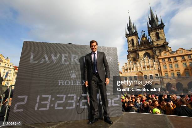 Roger Federer of Switzerland poses in the Old Town Square during the countdown to the inaugural Laver Cup on February 20, 2017 in Prague, Czech...