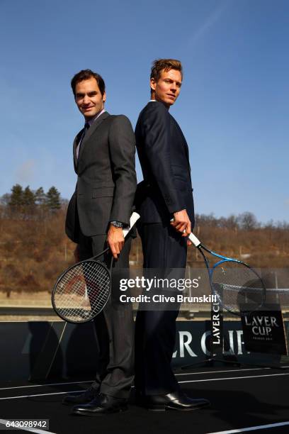 Roger Federer of Switzerland and Tomas Berdych of The Czech Republic pose during the countdown to the inaugural Laver Cup on February 20, 2017 in...