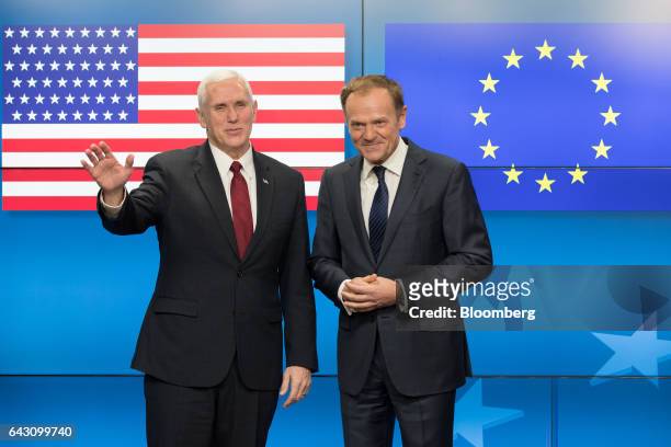 Vice President Mike Pence, left, and Donald Tusk, president of the European Union , pose for photograph ahead of a meeting at the Europa building in...