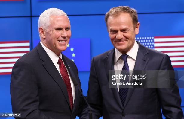 United States Vice President Mike Pence and EU Council President Donald Tusk hold a joint press conference after their meeting in Brussels, Belgium...
