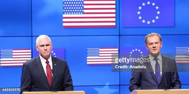United States Vice President Mike Pence and EU Council President Donald Tusk hold a joint press conference following their meeting in Brussels,...