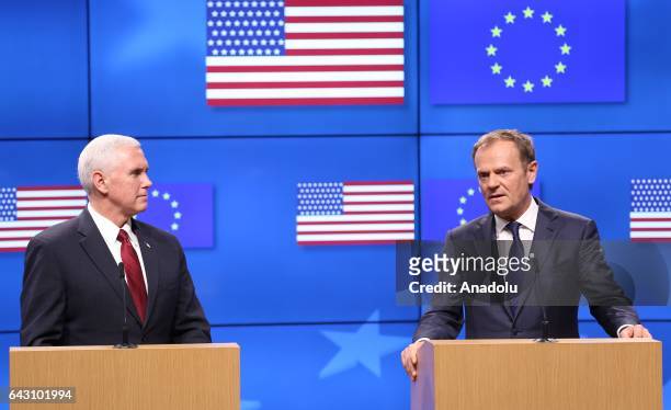 United States Vice President Mike Pence and EU Council President Donald Tusk hold a joint press conference following their meeting in Brussels,...