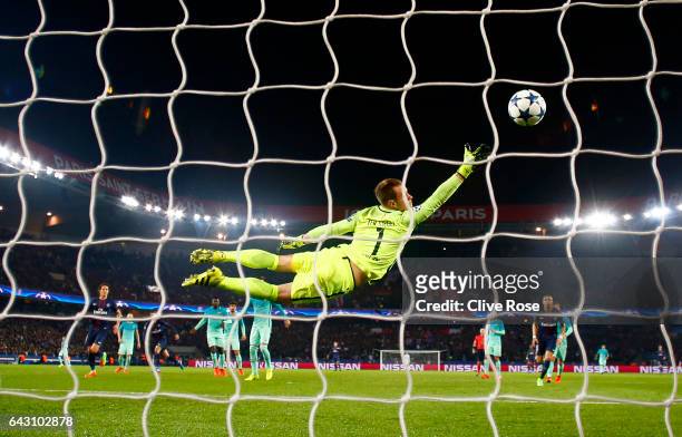 Angel Di Maria of Paris Saint-Germain scores his team's third goal past Marc-Andre ter Stegen of Barcelona during the UEFA Champions League Round of...