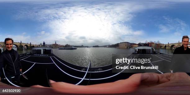 Roger Federer of Switzerland and Tomas Berdych of The Czech Republic pose in front of the Charles Bridge during the countdown to the inaugural Laver...