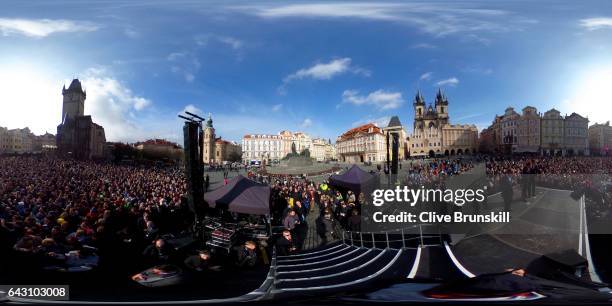 Roger Federer of Switzerland and Tomas Berdych of The Czech Republic pose in the Old Town Square during the countdown to the inaugural Laver Cup on...