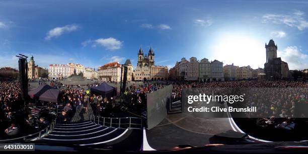 Roger Federer of Switzerland and Tomas Berdych of The Czech Republic pose in the Old Town Square during the countdown to the inaugural Laver Cup on...