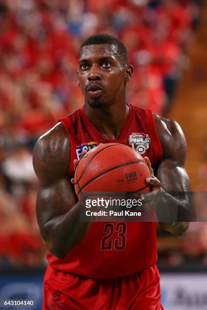 Casey Prather of the Wildcats shoots a free throw during the game two NBL Semi Final match between the Perth Wildcats and Cairns Taipans at Perth...