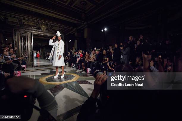 Model wears a creation by designer Pam Hogg during a presentation at the Fashion Scout venue, during London Fashion Week on February 19, 2017 in...