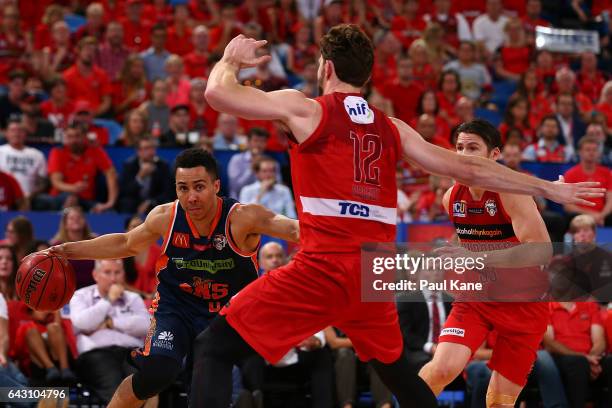 Travis Trice of the Taipans drives to the keyway during the game two NBL Semi Final match between the Perth Wildcats and Cairns Taipans at Perth...